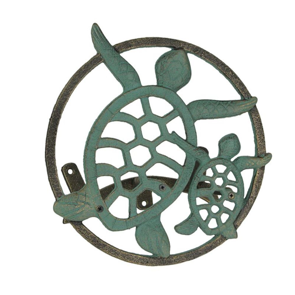Verdigris Bronze Finish Cast Iron Sea Turtle Wall Mounted Garden Hose Holder